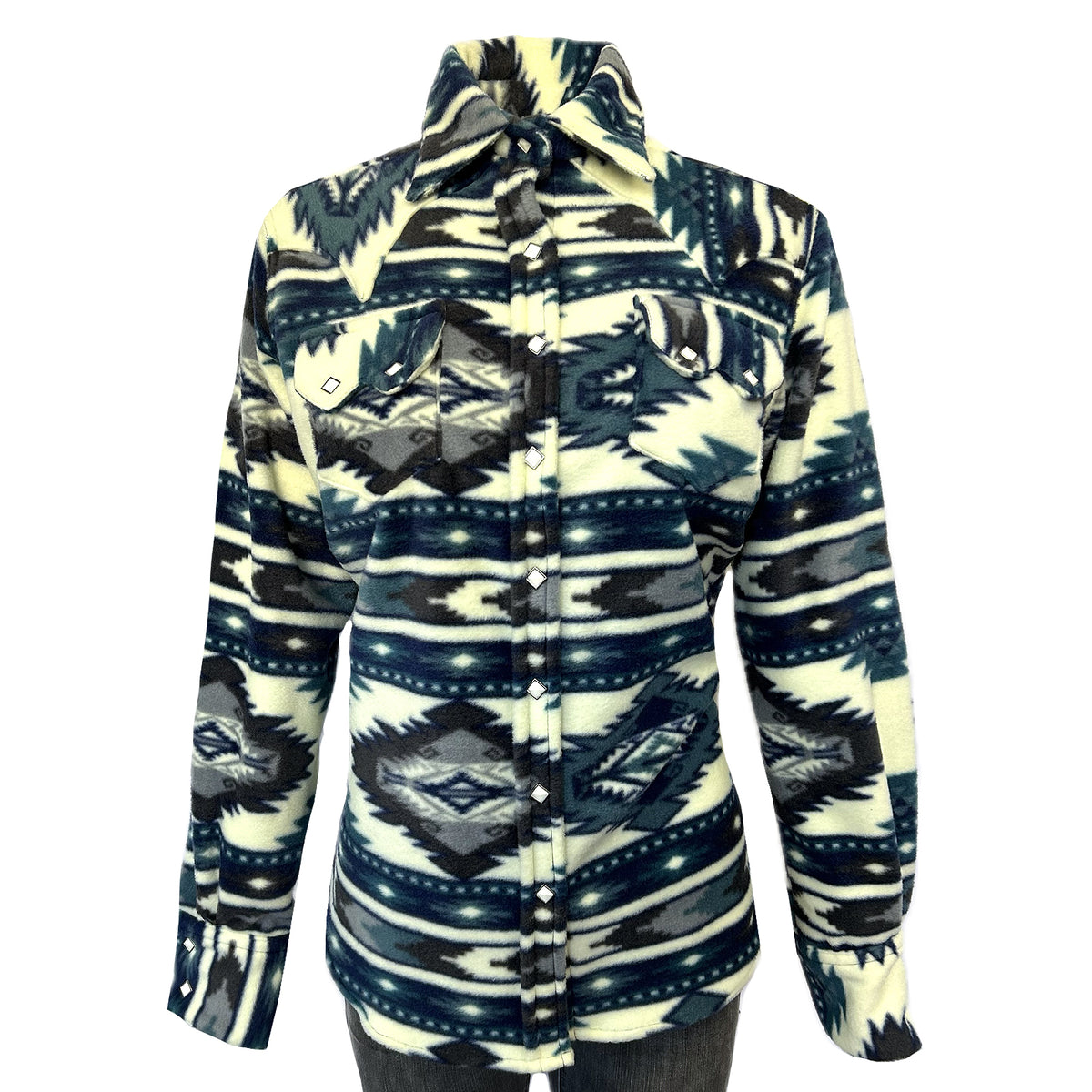 Women's Native Pattern Fleece Western Shirt in white and blue, Rockmount Ranch Wear, sawtooth pocket shirt