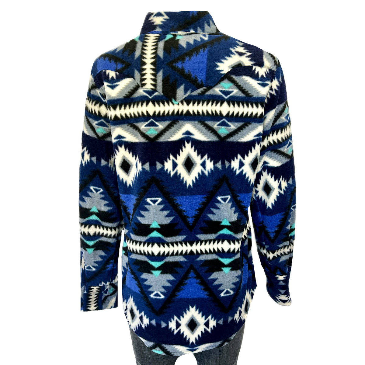 Women Native Pattern Fleece Western Shirt by Rockmount Ranch Wear in vintage blue with sawtooth pockets