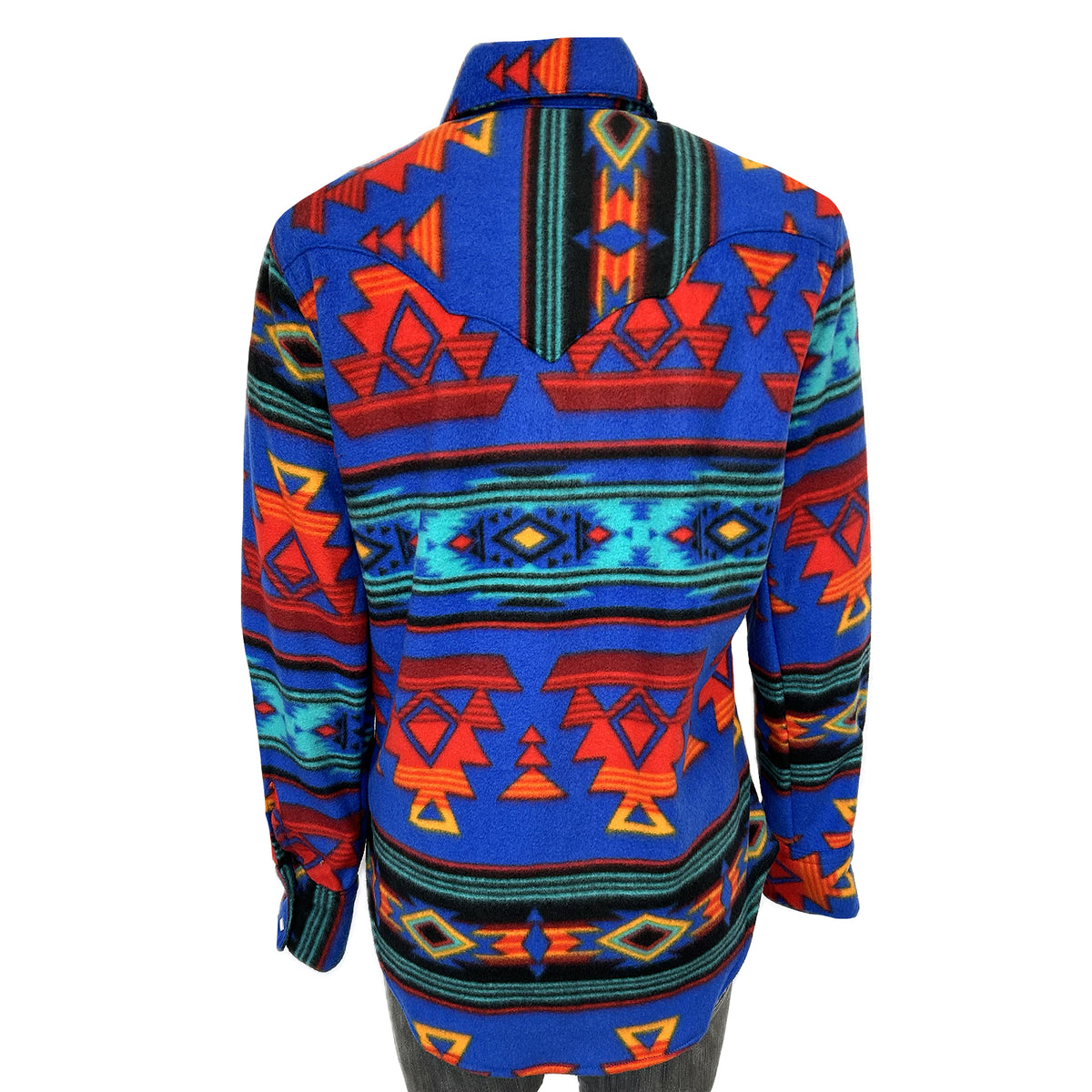 Women Native Pattern Fleece Western Shirt by Rockmount Ranch Wear in blue and red with diamond snap front