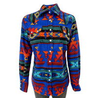 Women Native Pattern Fleece Western Shirt by Rockmount Ranch Wear in blue and red with diamond snap front