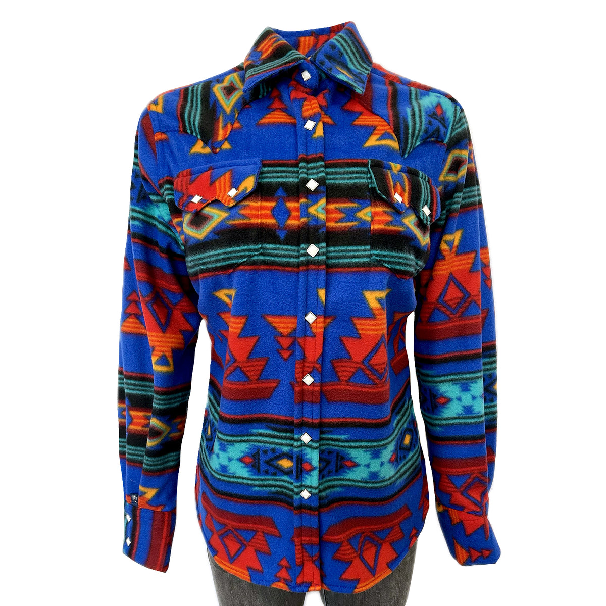 Women Native Pattern Fleece Western Shirt by Rockmount Ranch Wear in blue and red with diamond snap front