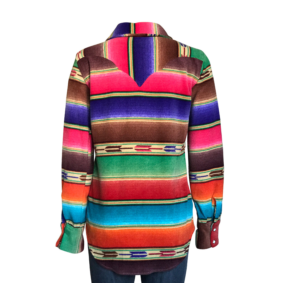 Women's Serape Pattern Fleece Western Shirt in brown and purple by Rockmount Ranch Wear, vintage fringe