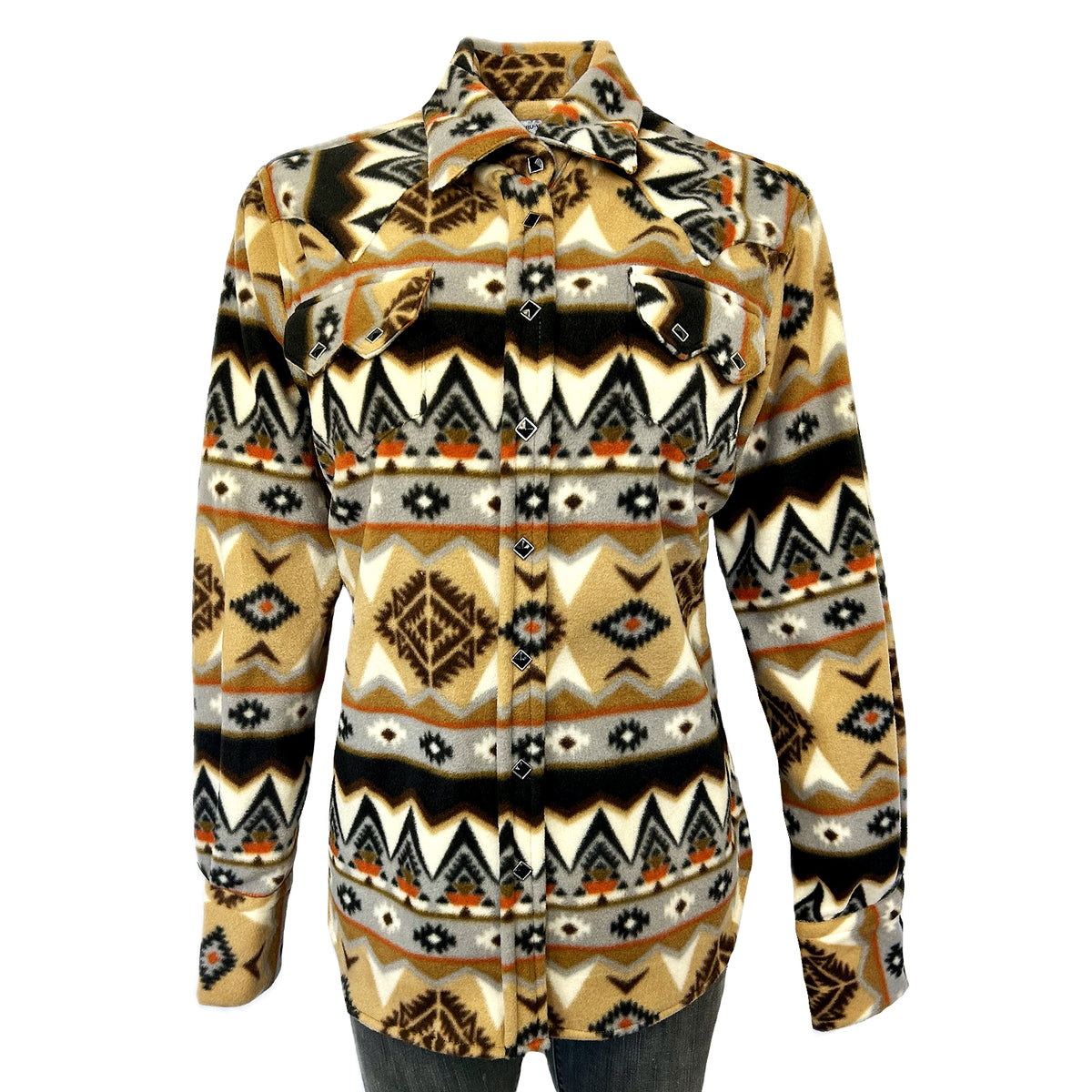 Women's Native Pattern Fleece Western Shirt in tan and black by Rockmount Ranch Wear with sawtooth pocket