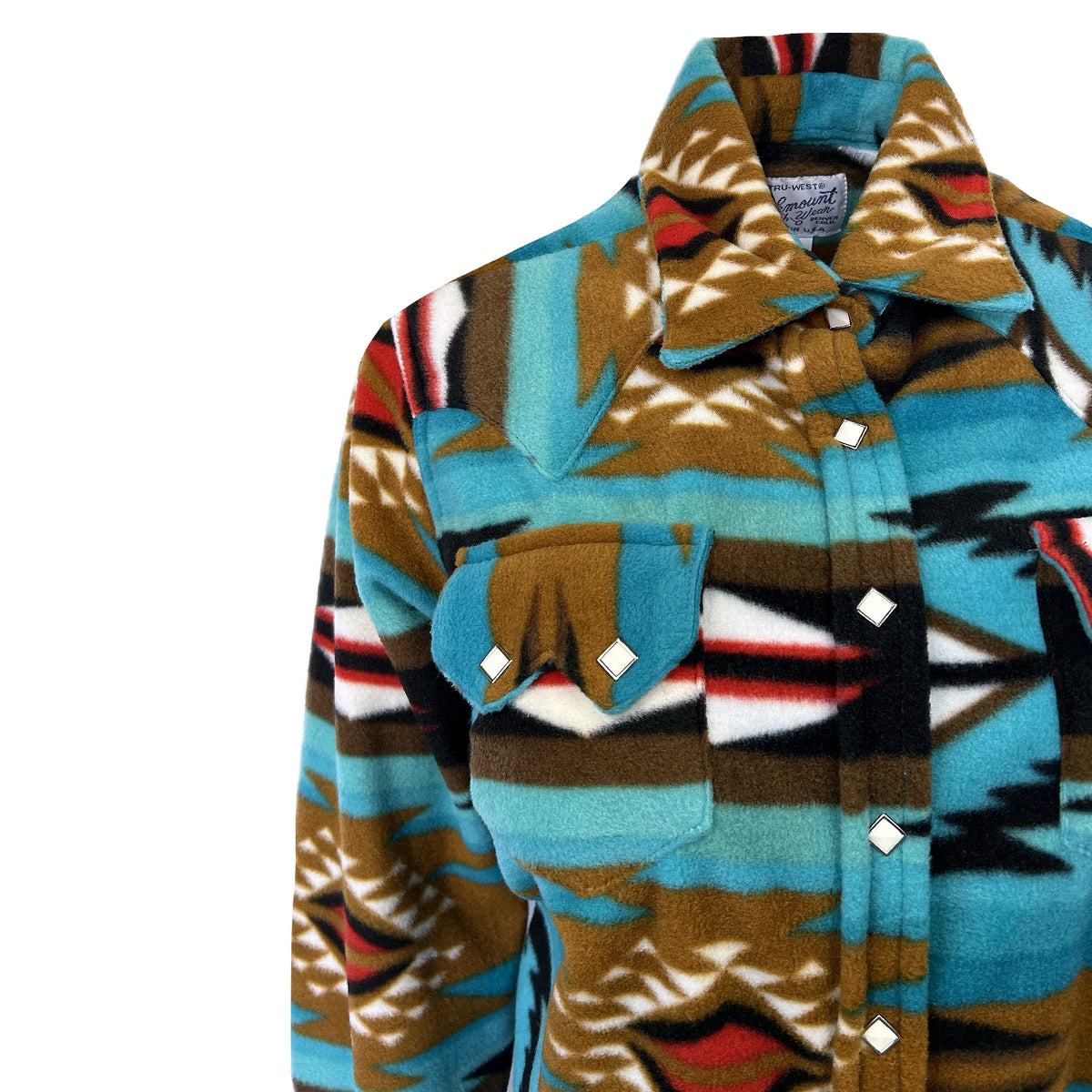 Women's Native Pattern Fleece Western Shirt Rockmount Ranch Wear in turquoise with sawtooth pockets and diamond snap front