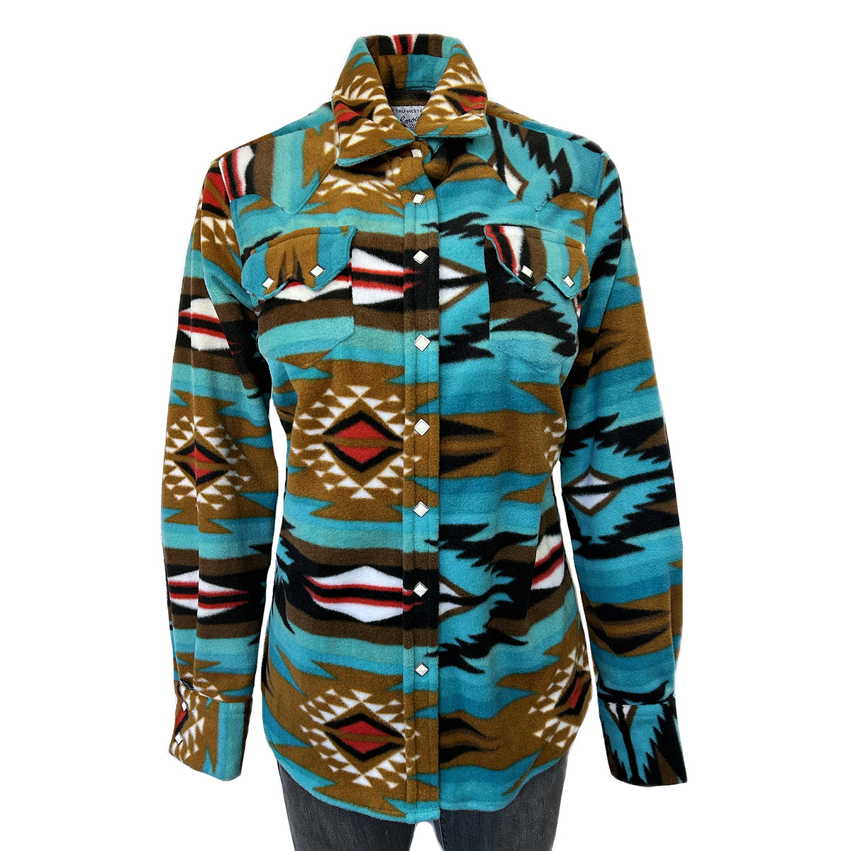 Women Native Pattern Fleece Western Shirt Rockmount Ranch Wear in turquoise with vintage fringe and snap button front