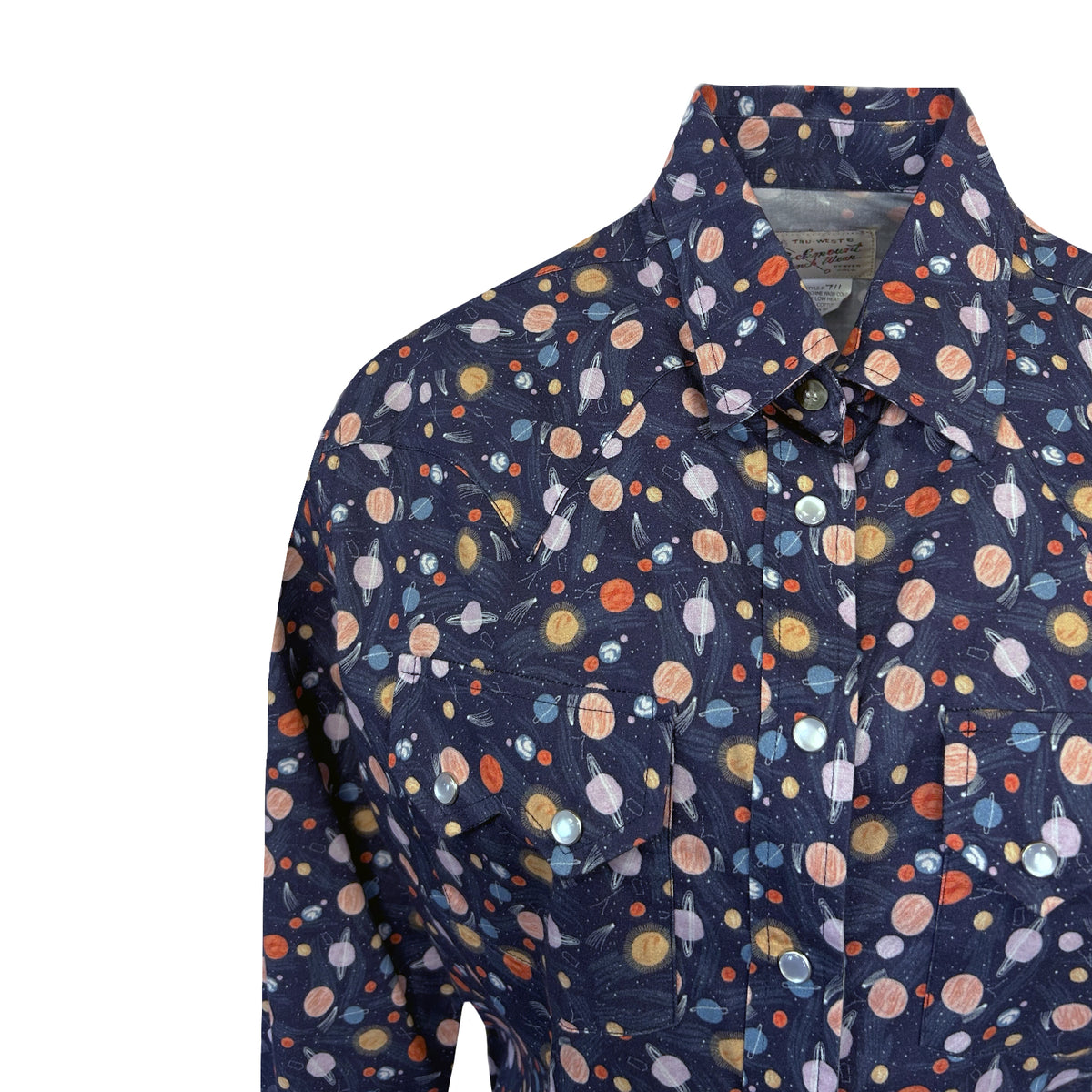 Women's Solar System Print western shirt in navy by Rockmount Ranch Wear with sawtooth pocket and snaps