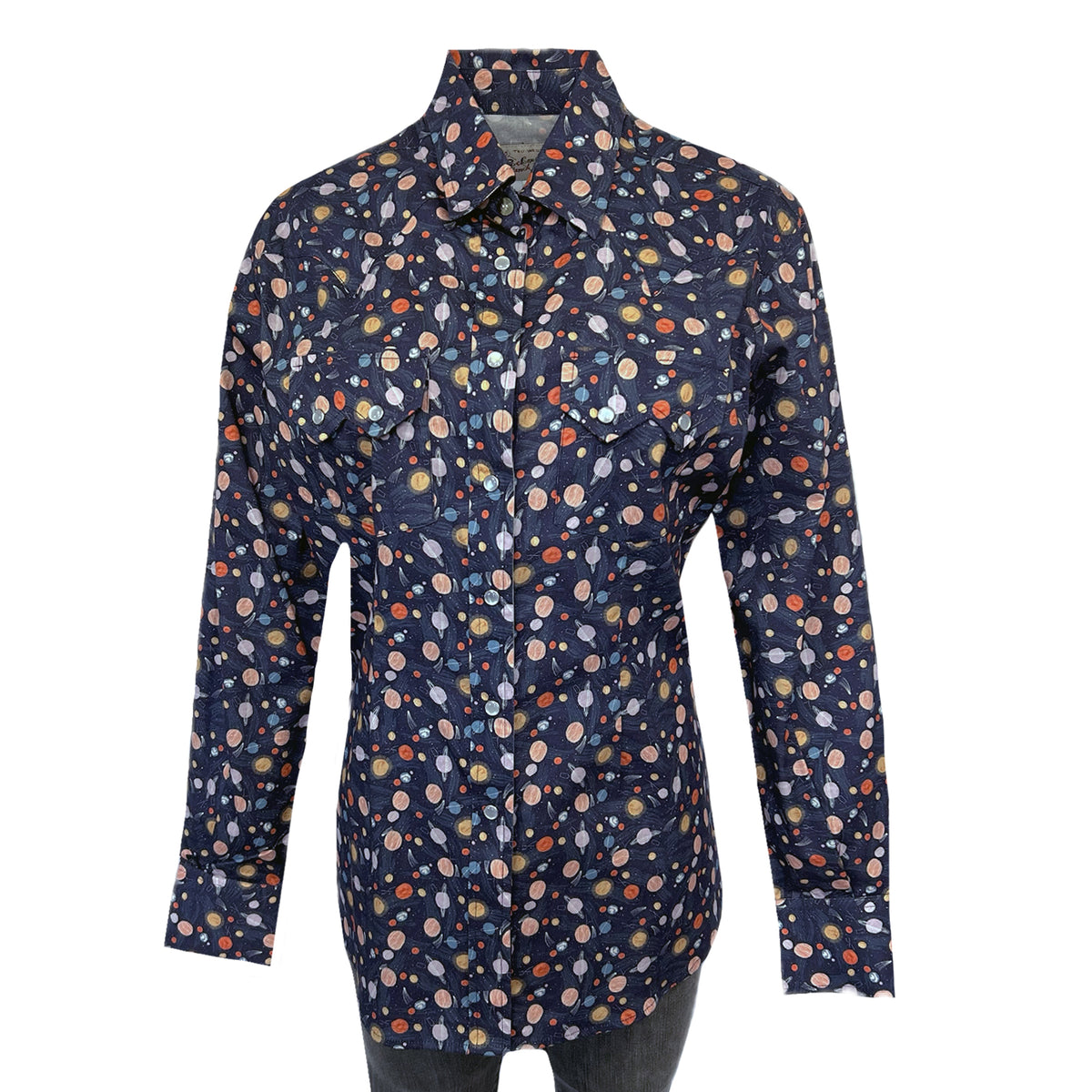 Women's Solar System Print Western Shirt in Navy by Rockmount Ranch Wear with vintage print and snap buttons