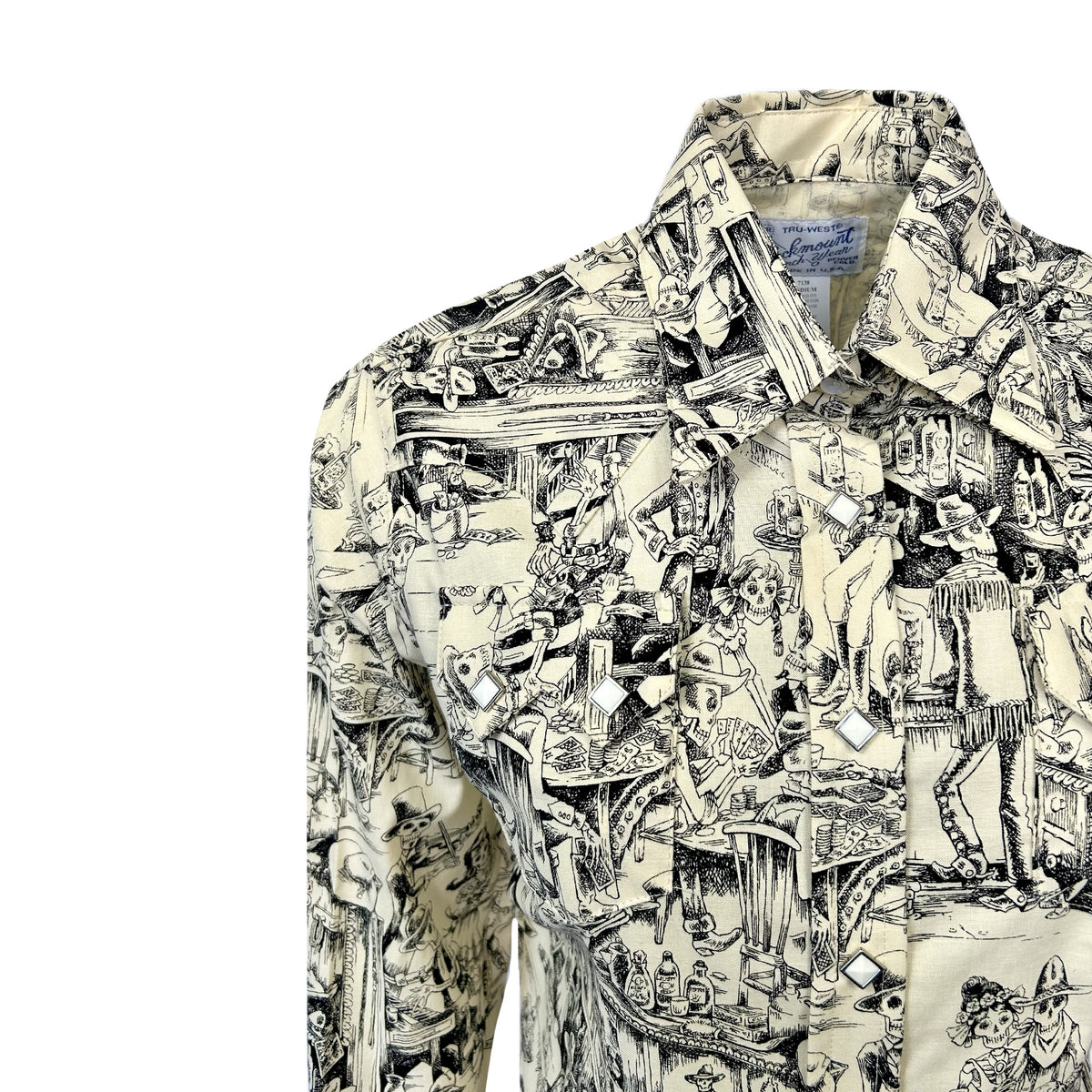 Women's Deadwood Saloon Print Western Shirt in black and white by Rockmount Ranch Wear with print and sawtooth pocket