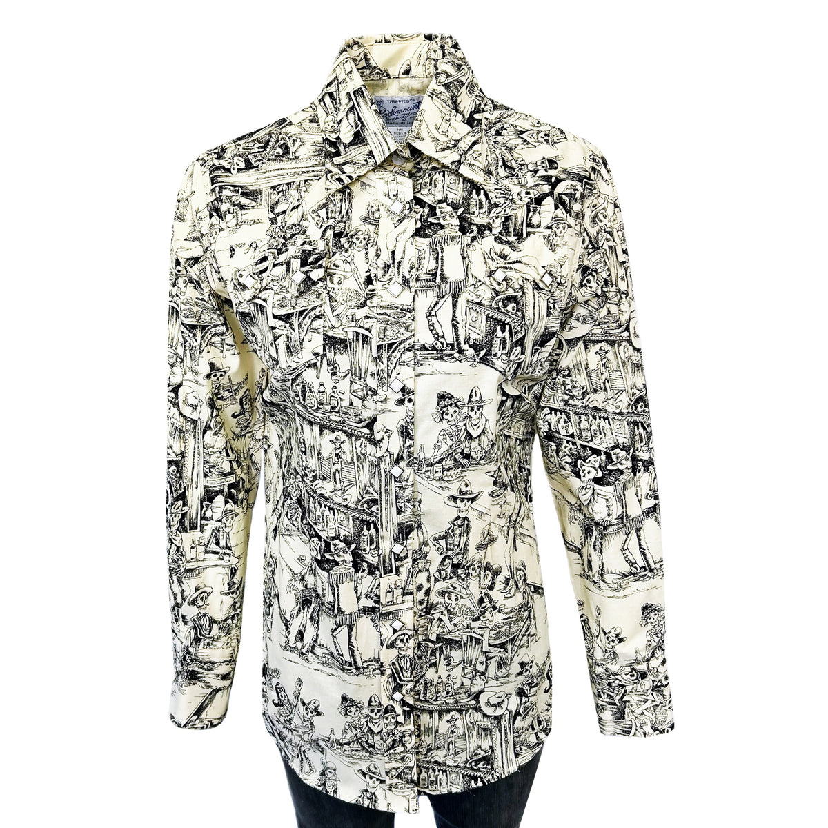 Womens Deadwood Saloon Print Western Shirt by Rockmount Ranch Wear in black and white with sawtooth pockets