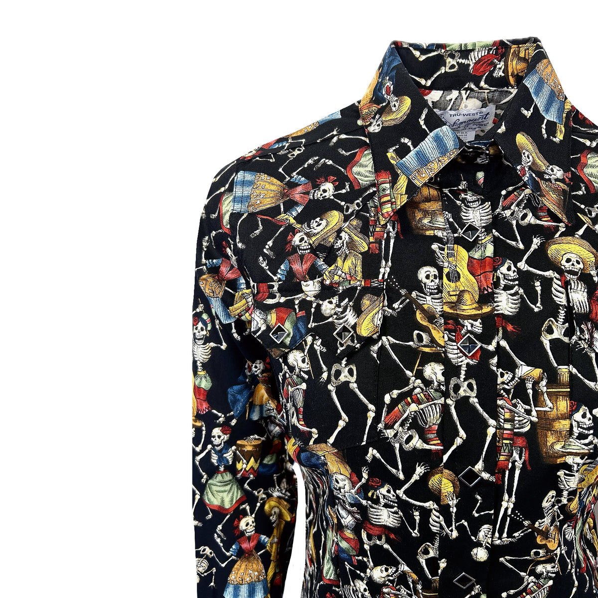 Women's Day of the Dead Print Western Shirt in Black Rockmount Ranch Wear western shirt with print and sawtooth pocket