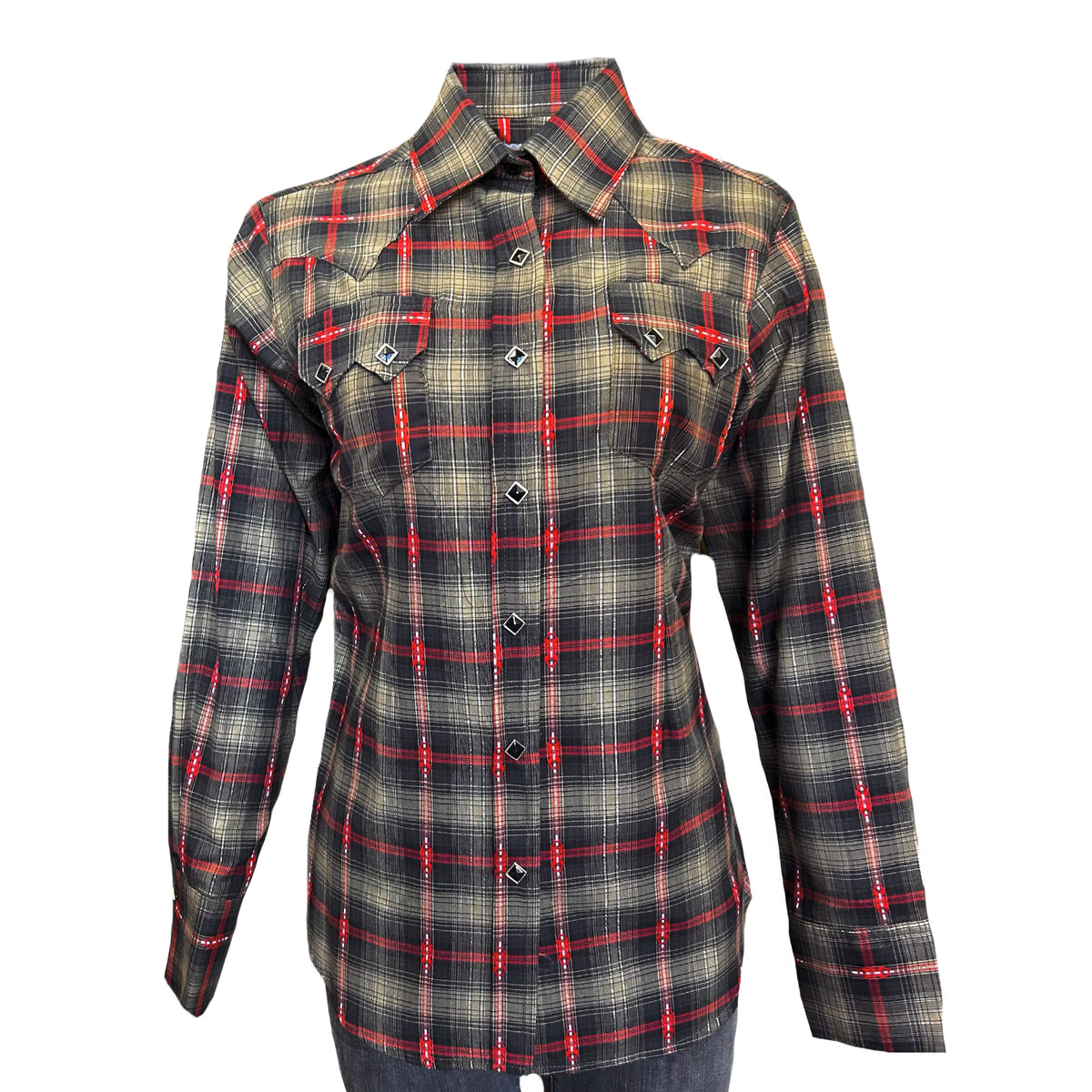 Women's Shadow Plaid Dobby Lurex Western Shirt in black by Rockmount Ranch Wear with diamond snap closures