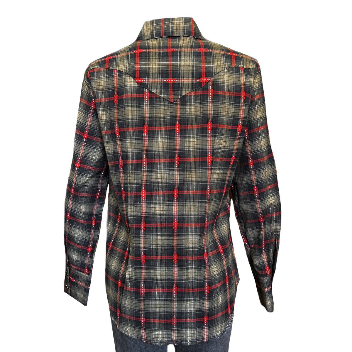 Women's Shadow Plaid Dobby Lurex Western Shirt by Rockmount Ranch Wear in black with sawtooth pockets
