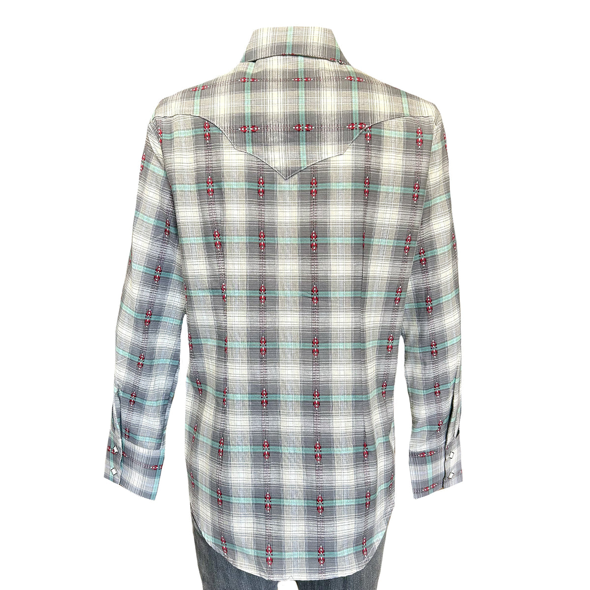 Women's Shadow Plaid Dobby Lurex Western Shirt in Grey by Rockmount Ranch Wear with sawtooth pocket