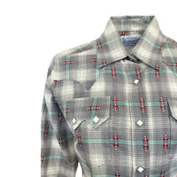 Womens Shadow Plaid Dobby Lurex Western Shirt in Grey by Rockmount Ranch Wear with sawtooth pocket and diamond snaps