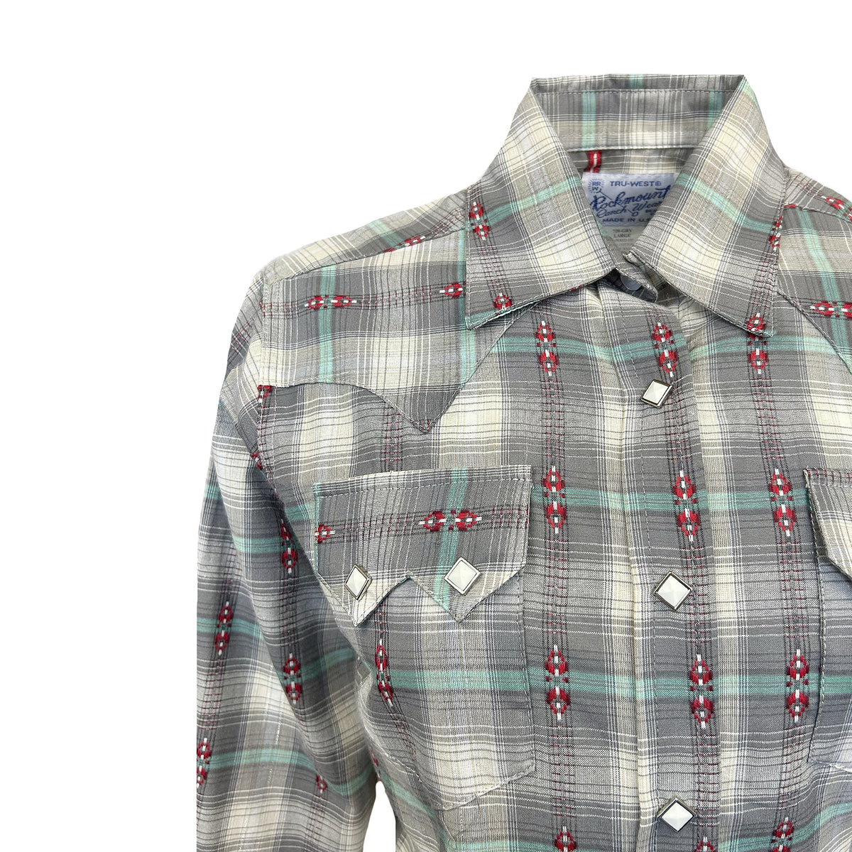 Womens Shadow Plaid Dobby Lurex Western Shirt in Grey by Rockmount Ranch Wear with sawtooth pocket and diamond snaps