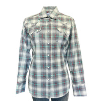 Women's Shadow Plaid Dobby Lurex Western Shirt in Grey by Rockmount Ranch Wear with snap button shirt details