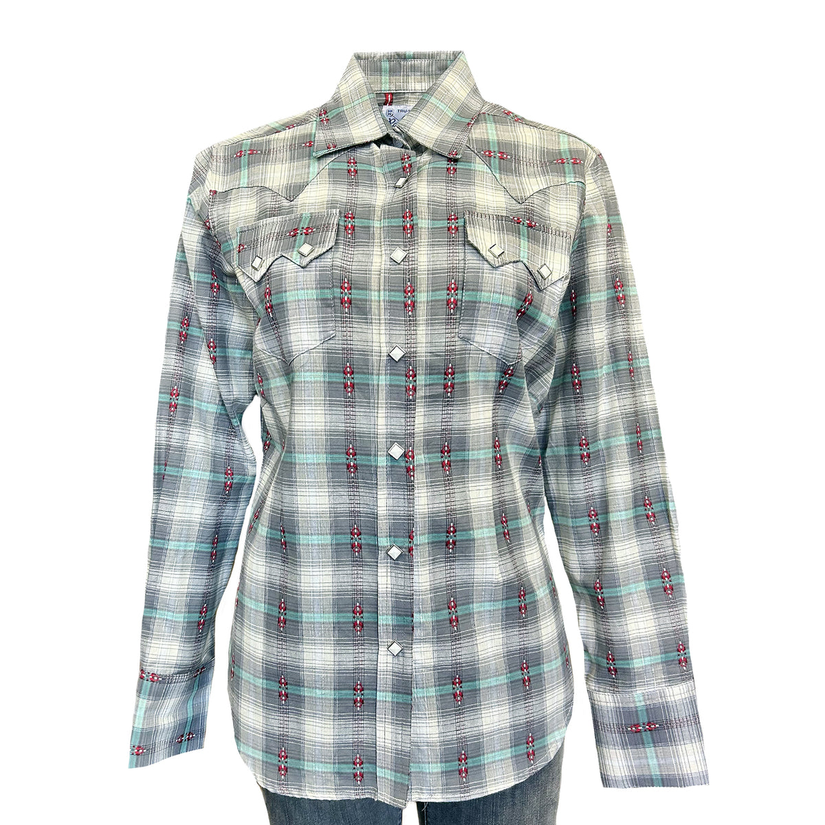 Women's Shadow Plaid Dobby Lurex Western Shirt in Grey by Rockmount Ranch Wear with snap button shirt details