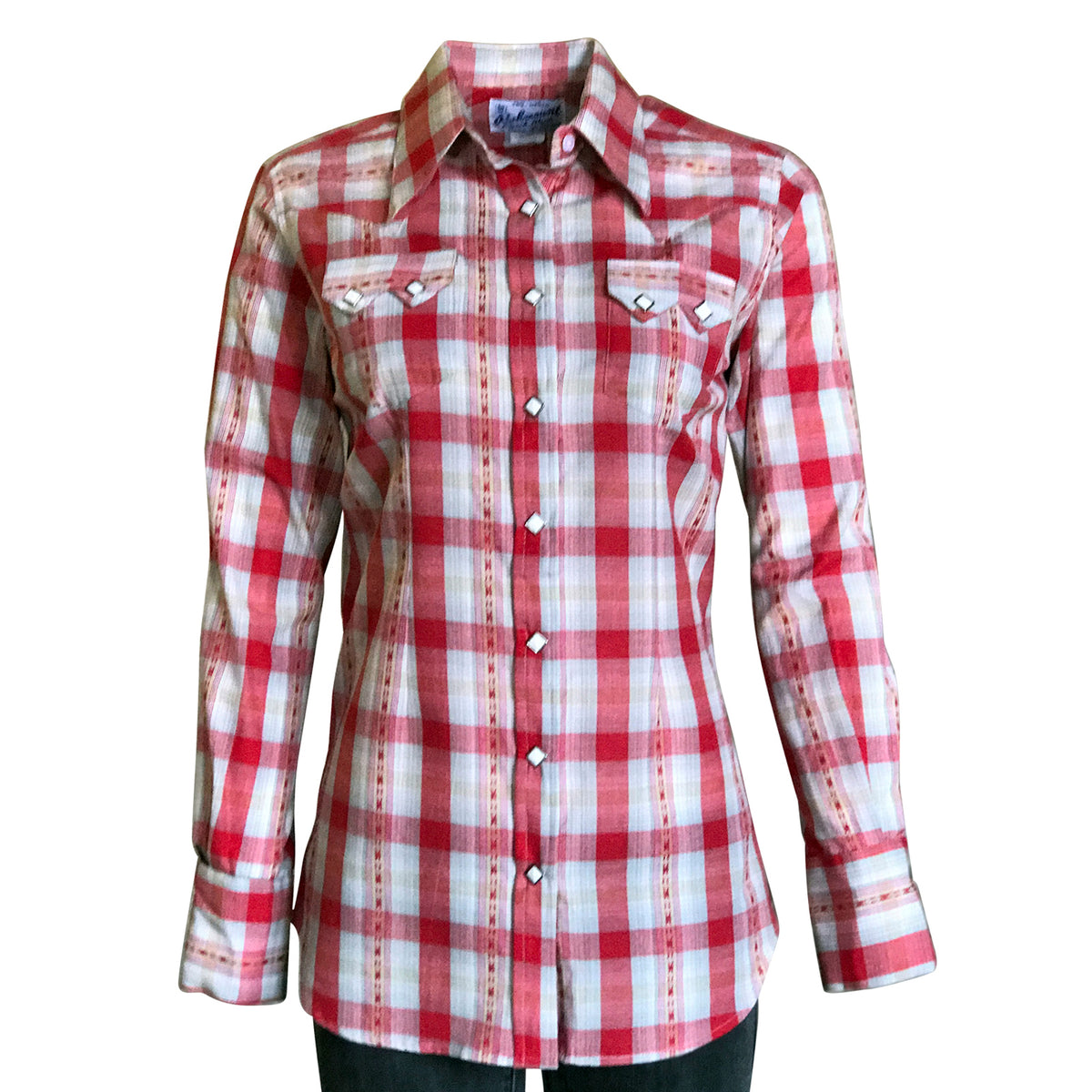 Women's Shadow Plaid Dobby Lurex Western Shirt in Red by Rockmount Ranch Wear with snap front and sawtooth pockets