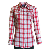 Women's Shadow Plaid Dobby Lurex Western Shirt in Red by Rockmount Ranch Wear with snap front and sawtooth pockets