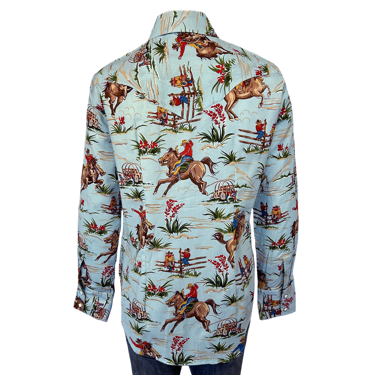 Women's Vintage Western Print Light Blue Shirt by Rockmount Ranch Wear with floral cowboy print and 100 cotton