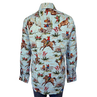 Women's Vintage Western Print Light Blue Shirt by Rockmount Ranch Wear with floral cowboy print and 100 cotton