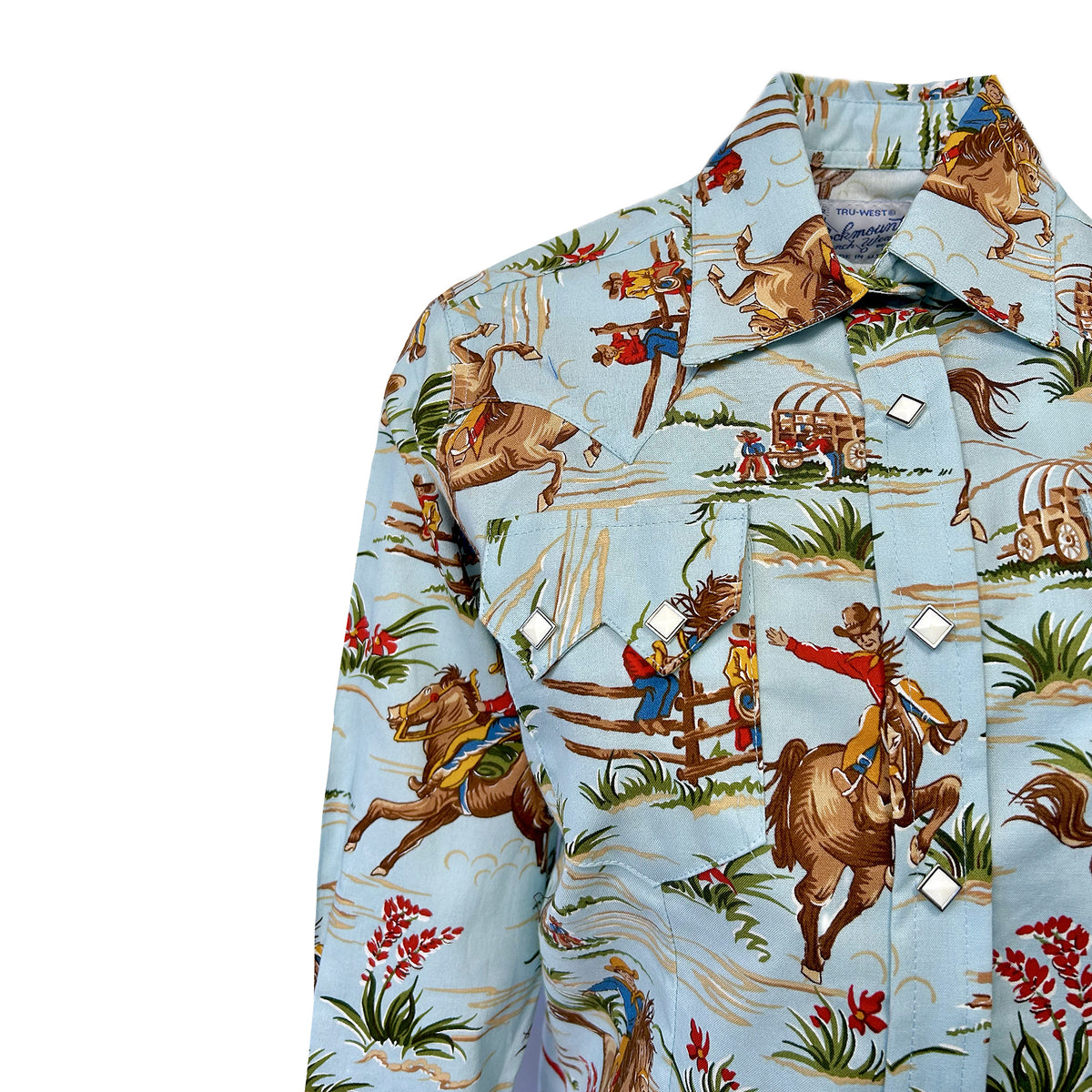Women's Vintage Western Print Light Blue Shirt by Rockmount Ranch Wear with floral cactus print and diamond snap closures