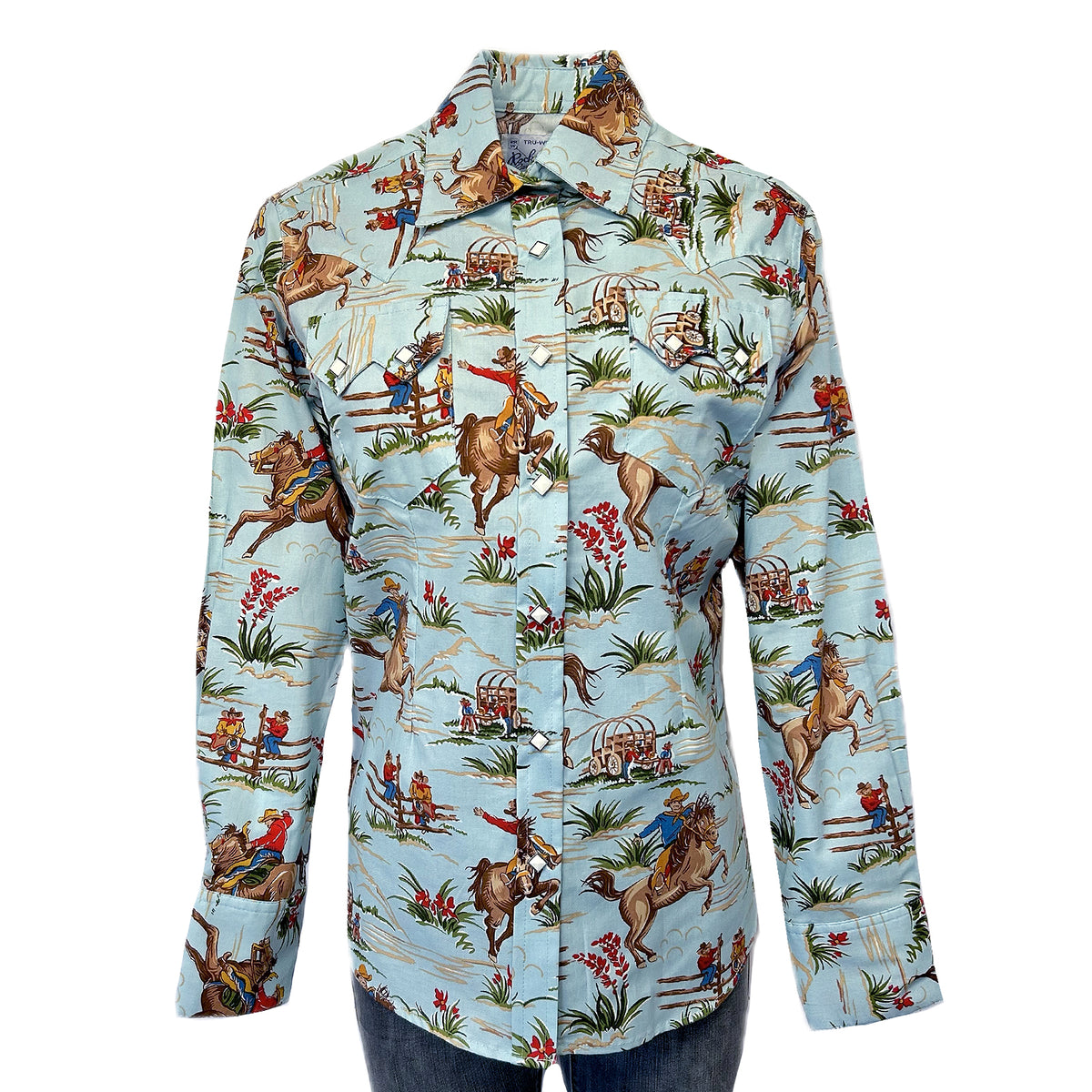 Women's Vintage Western Print Light Blue Shirt by Rockmount Ranch Wear with western shirt print and sawtooth pocket