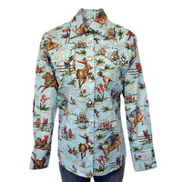 Women's Vintage Western Print Light Blue Shirt by Rockmount Ranch Wear with western shirt print and sawtooth pocket