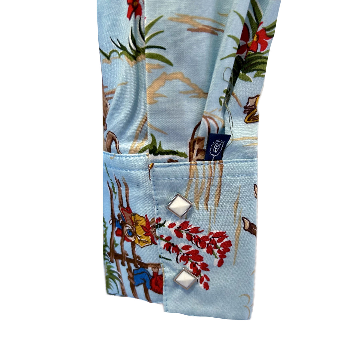Women's Vintage Western Print Light Blue Shirt by Rockmount Ranch Wear with floral cactus print and diamond snap closures