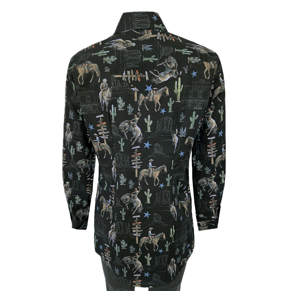 Women's Black Cactus and Cowboys Print Long Sleeve Western Shirt by Rockmount Ranch Wear, vintage western wear