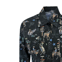 Women's Black Cactus Cowboys Print Long Sleeve Western Shirt by Rockmount Ranch Wear with sawtooth pocket