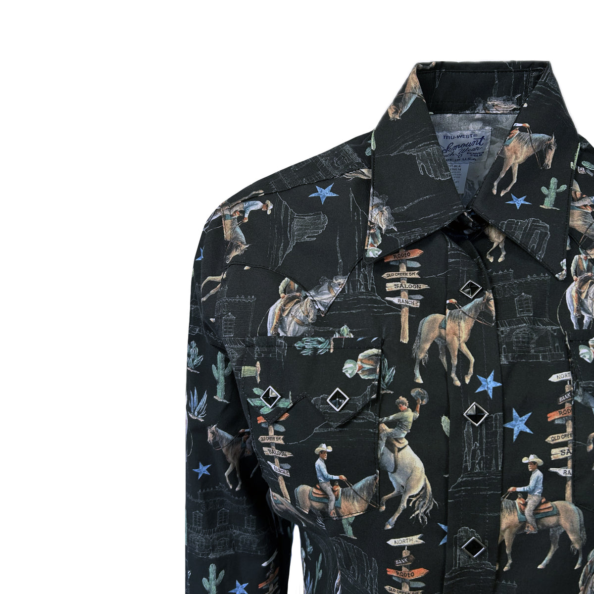 Women's Black Cactus Cowboys Print Long Sleeve Western Shirt by Rockmount Ranch Wear with sawtooth pocket
