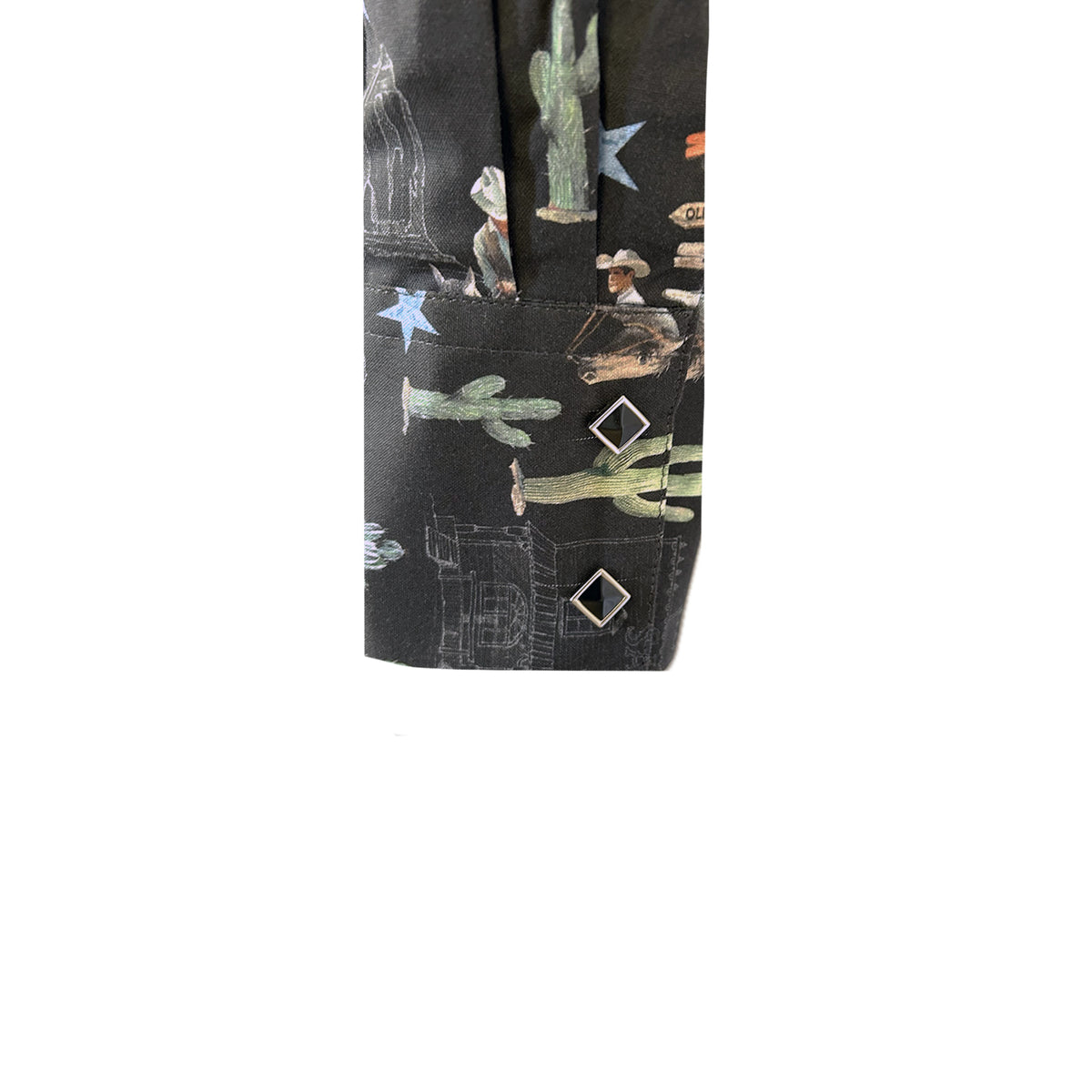 Women's Black Cactus Cowboys Print Long Sleeve Western Shirt by Rockmount Ranch Wear with sawtooth pocket