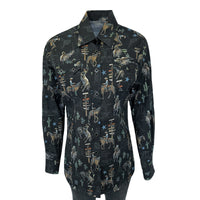 Women's Black Cactus Cowboys Print Long Sleeve Western Shirt by Rockmount Ranch Wear with sawtooth pockets and diamond snaps