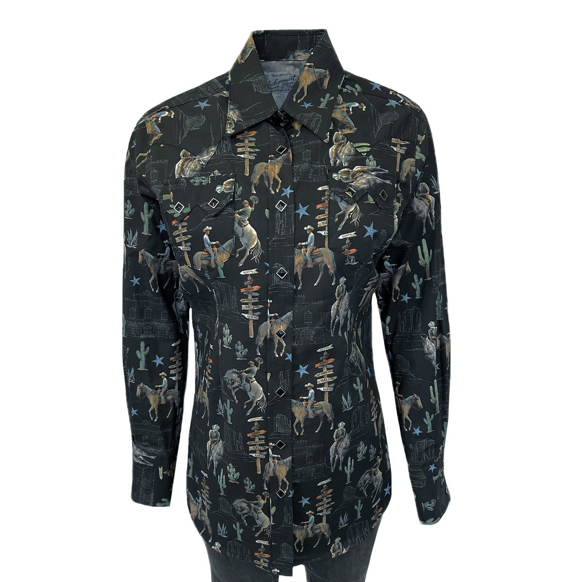 Women's Black Cactus Cowboys Print Long Sleeve Western Shirt by Rockmount Ranch Wear with sawtooth pockets and diamond snaps