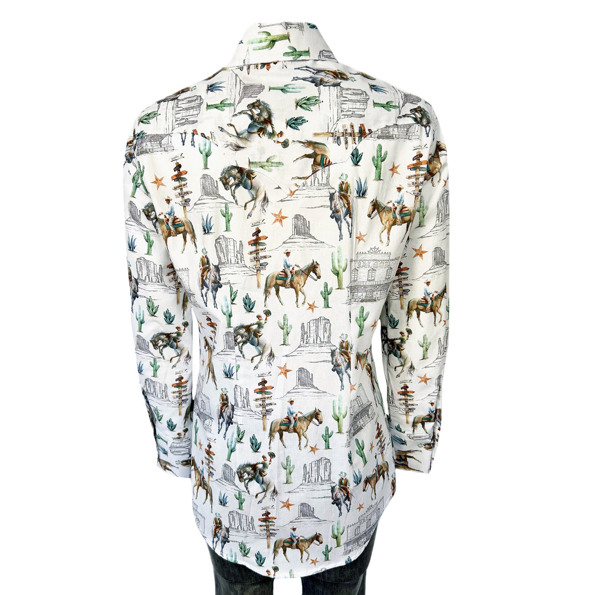 Women's White Cactus Cowboys Print Long Sleeve Western Shirt by Rockmount Ranch Wear, sawtooth pockets and diamond snaps