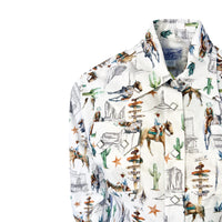 Women's White Cactus and Cowboys Print Long Sleeve Western Shirt by Rockmount Ranch Wear with sawtooth pockets and diamond snaps