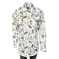 Women's White Cactus Cowboys Print Long Sleeve Western Shirt by Rockmount Ranch Wear, sawtooth pockets and diamond snaps