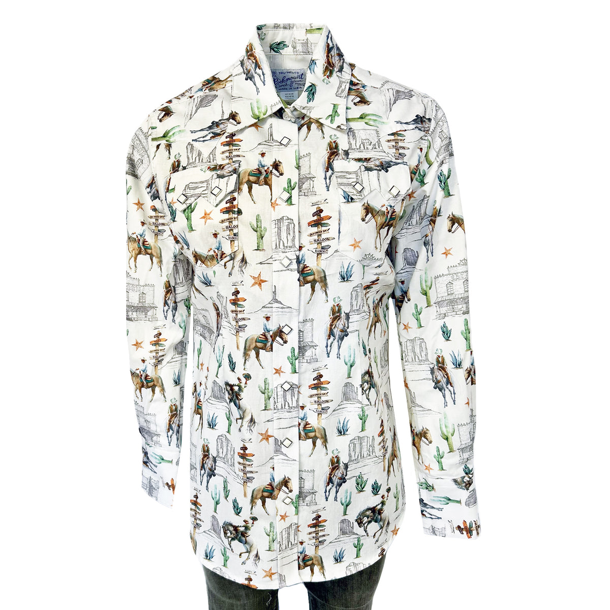 Women's White Cactus Cowboys Print Long Sleeve Western Shirt by Rockmount Ranch Wear, sawtooth pockets and diamond snaps