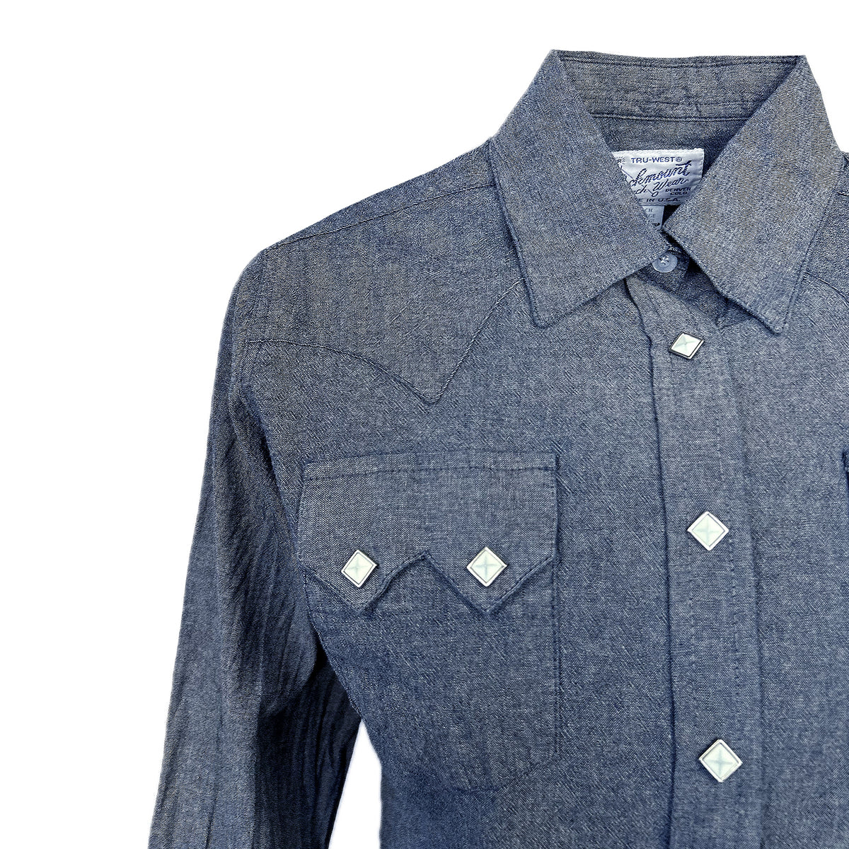Women's Classic Chambray Sawtooth Pocket Western Shirt by Rockmount Ranch Wear in denim with diamond snap front