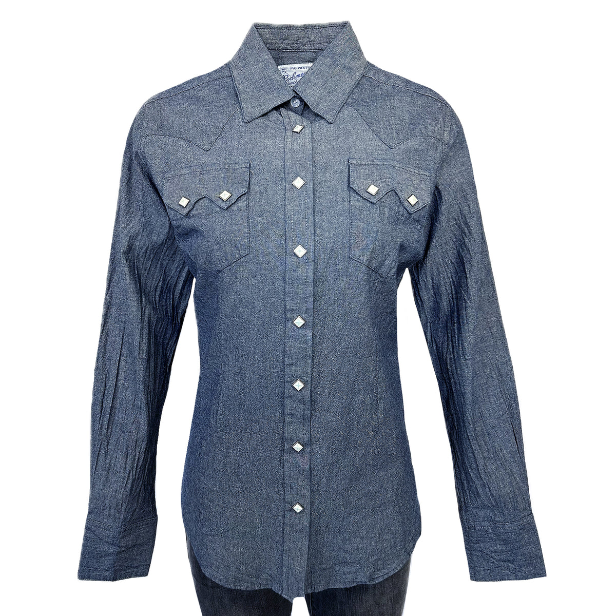 Women's Classic Chambray Sawtooth Pocket Western Shirt by Rockmount Ranch Wear in vintage denim with snap button shirt