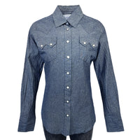 Women's Classic Chambray Sawtooth Pocket Western Shirt by Rockmount Ranch Wear in vintage denim with snap button shirt