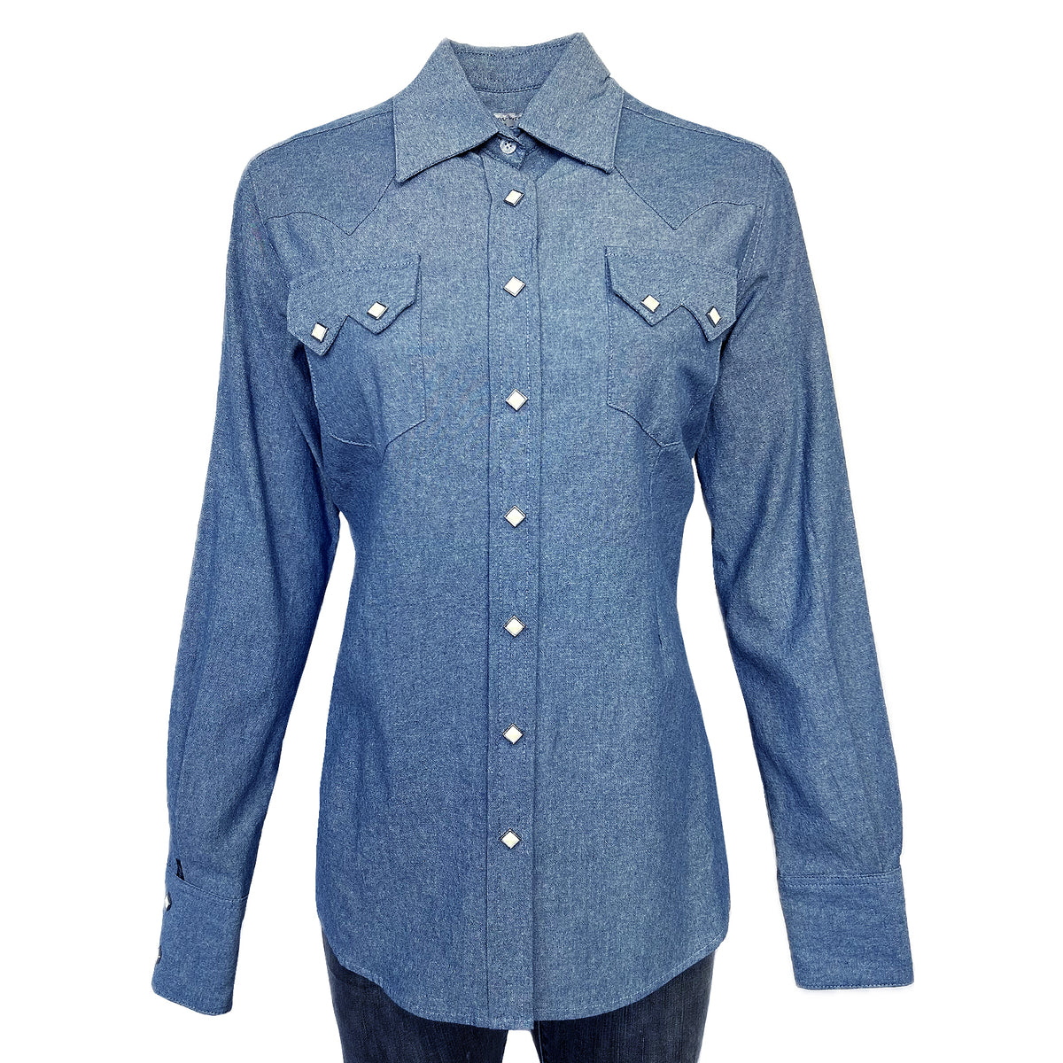 Women's Indigo Chambray Sawtooth Pocket Western Shirt by Rockmount Ranch Wear with diamond snap front