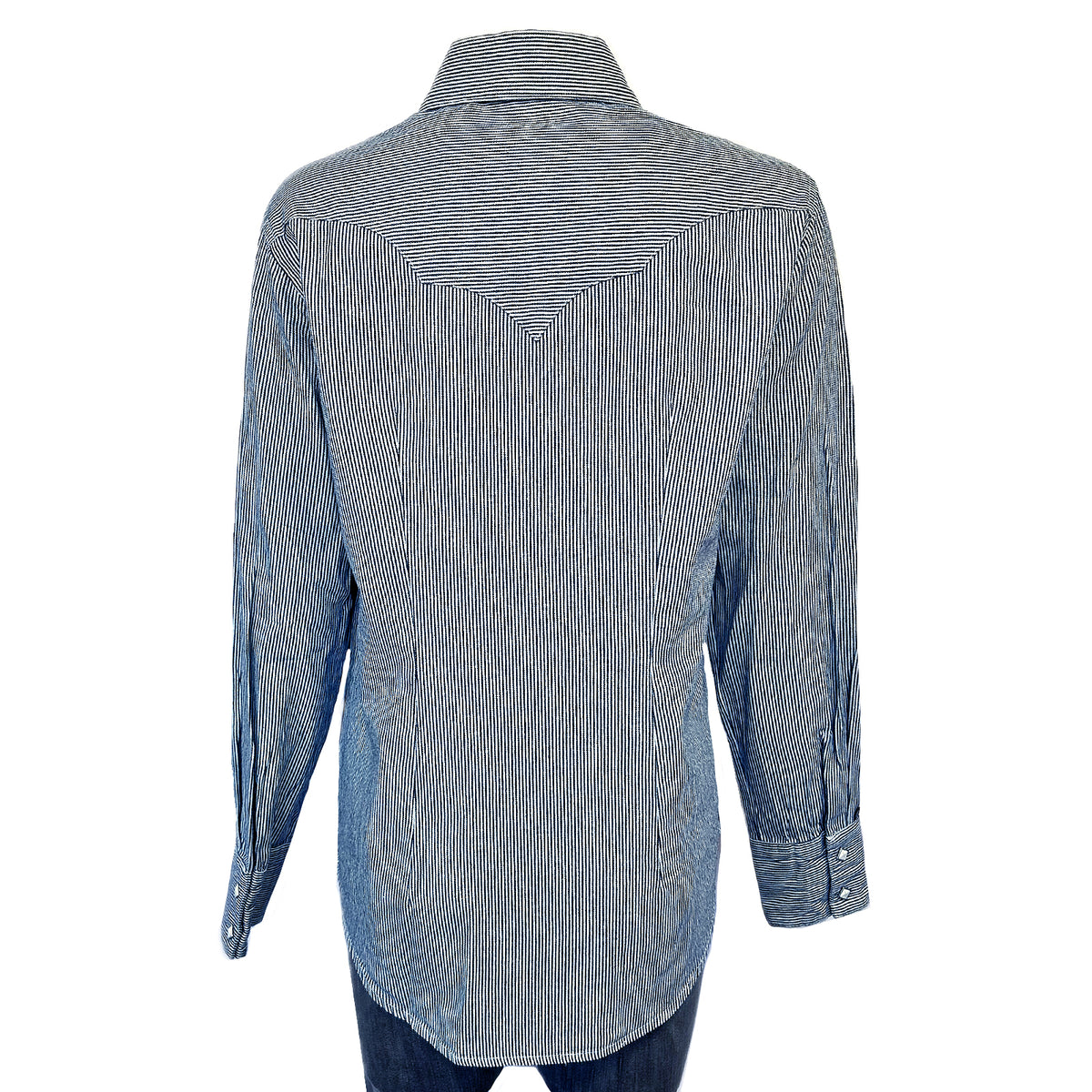 Women's Signature Denim Pinstripe Western Shirt by Rockmount Ranch Wear with sawtooth pocket and diamond snap front