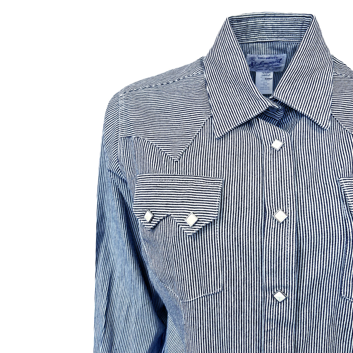 Women's Signature Denim Pinstripe Western Shirt Rockmount Ranch Wear in denim with diamond snap front and cuff snaps