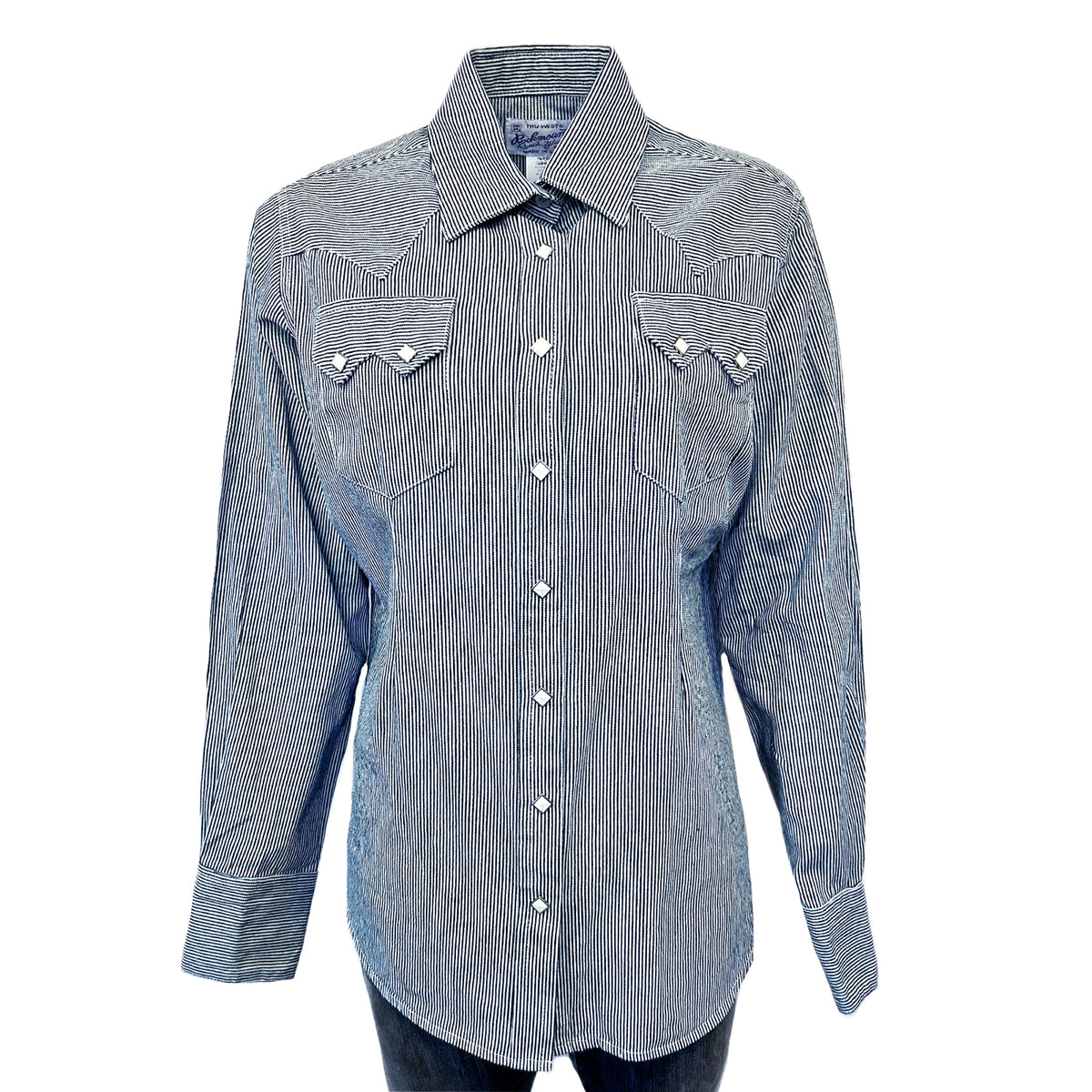 Women's Signature Denim Pinstripe Western Shirt by Rockmount Ranch Wear in blue denim with diamond snap front