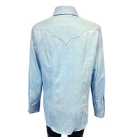 Women's Stonewashed Sky Blue Sawtooth Denim Western Shirt by Rockmount Ranch Wear with sawtooth pocket and diamond snap design
