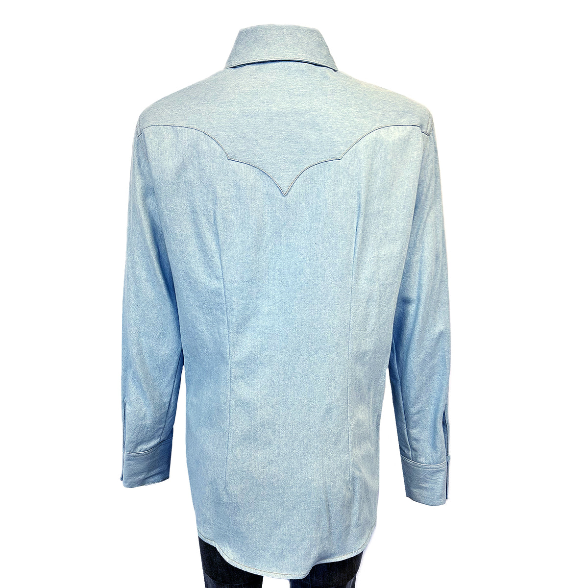 Women's Stonewashed Sky Blue Sawtooth Denim Western Shirt by Rockmount Ranch Wear with sawtooth pocket and diamond snap design