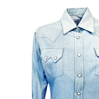 Women's Stonewashed Sky Blue Sawtooth Denim Western Shirt by Rockmount Ranch Wear with sawtooth pockets and diamond snap design