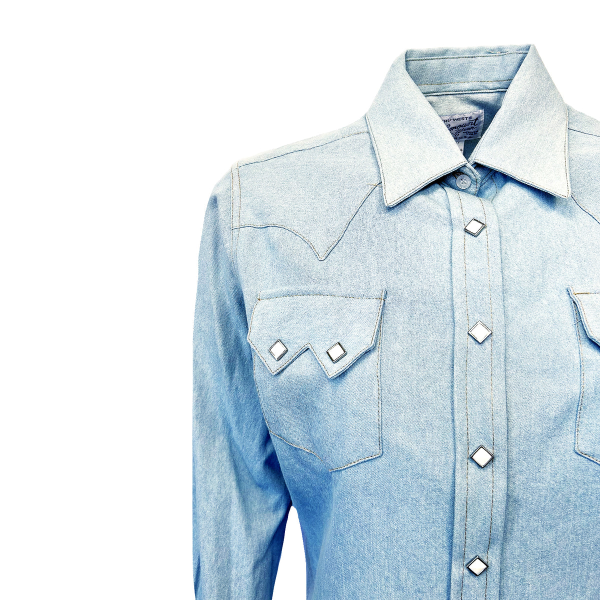 Women's Stonewashed Sky Blue Sawtooth Denim Western Shirt by Rockmount Ranch Wear with sawtooth pockets and diamond snap design